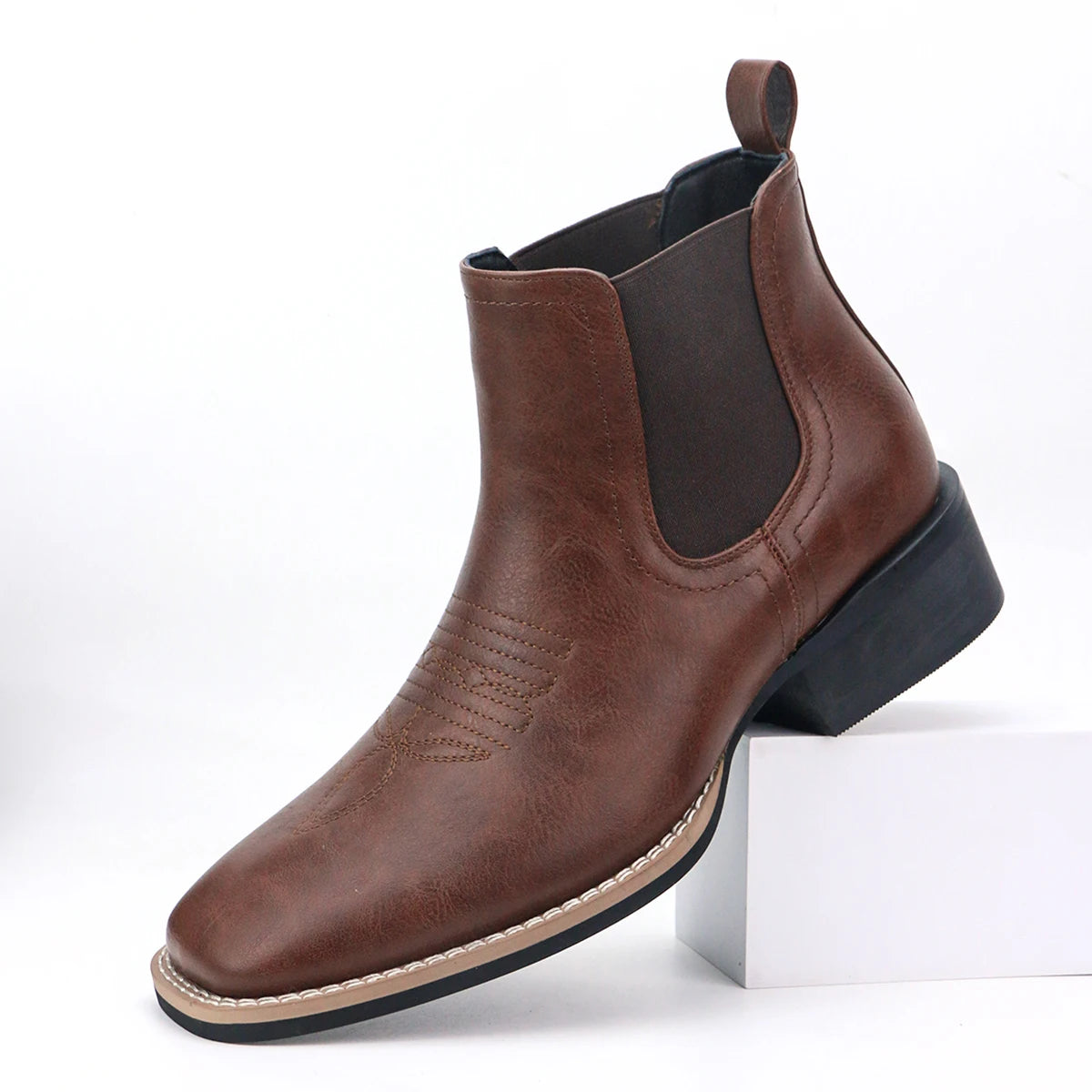 Men'S Western Cowboy Boots Square Toe Chelsea Boots and Bareback Cowboy Boots Men'S Casual Retro Fashion Boots Brown