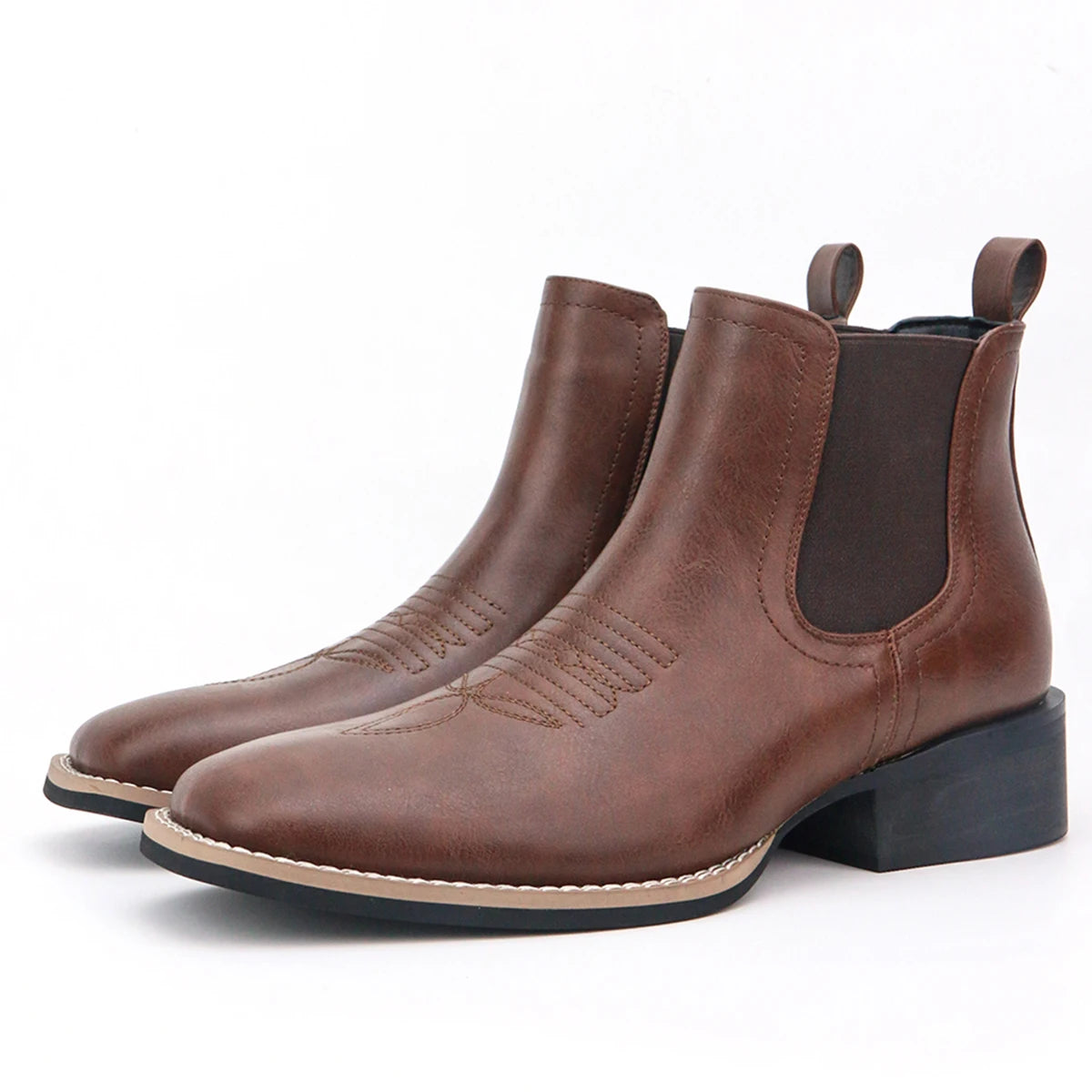 Men'S Western Cowboy Boots Square Toe Chelsea Boots and Bareback Cowboy Boots Men'S Casual Retro Fashion Boots Brown