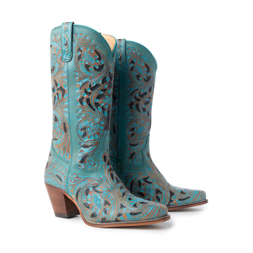 Kasiopeah Cowgirl Leather Boots - Turquoise Western Boots for Women with Pointed Toe Heel