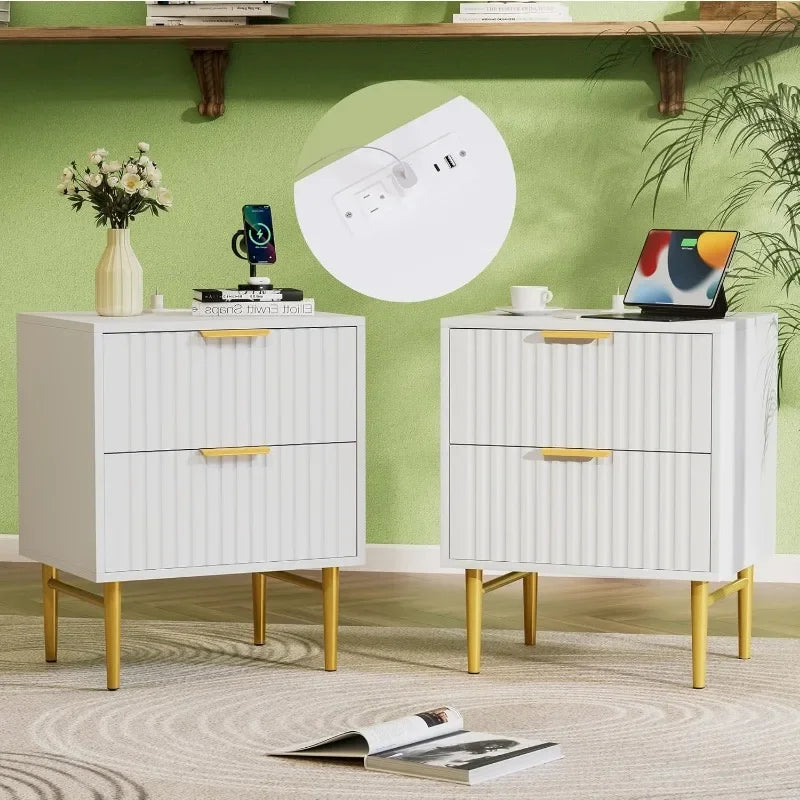 Tool White Nightstand Set of 2 with Charging Station, Fluted Nightstand,Modern Bedside Table with Gold Legs Hot-Sell