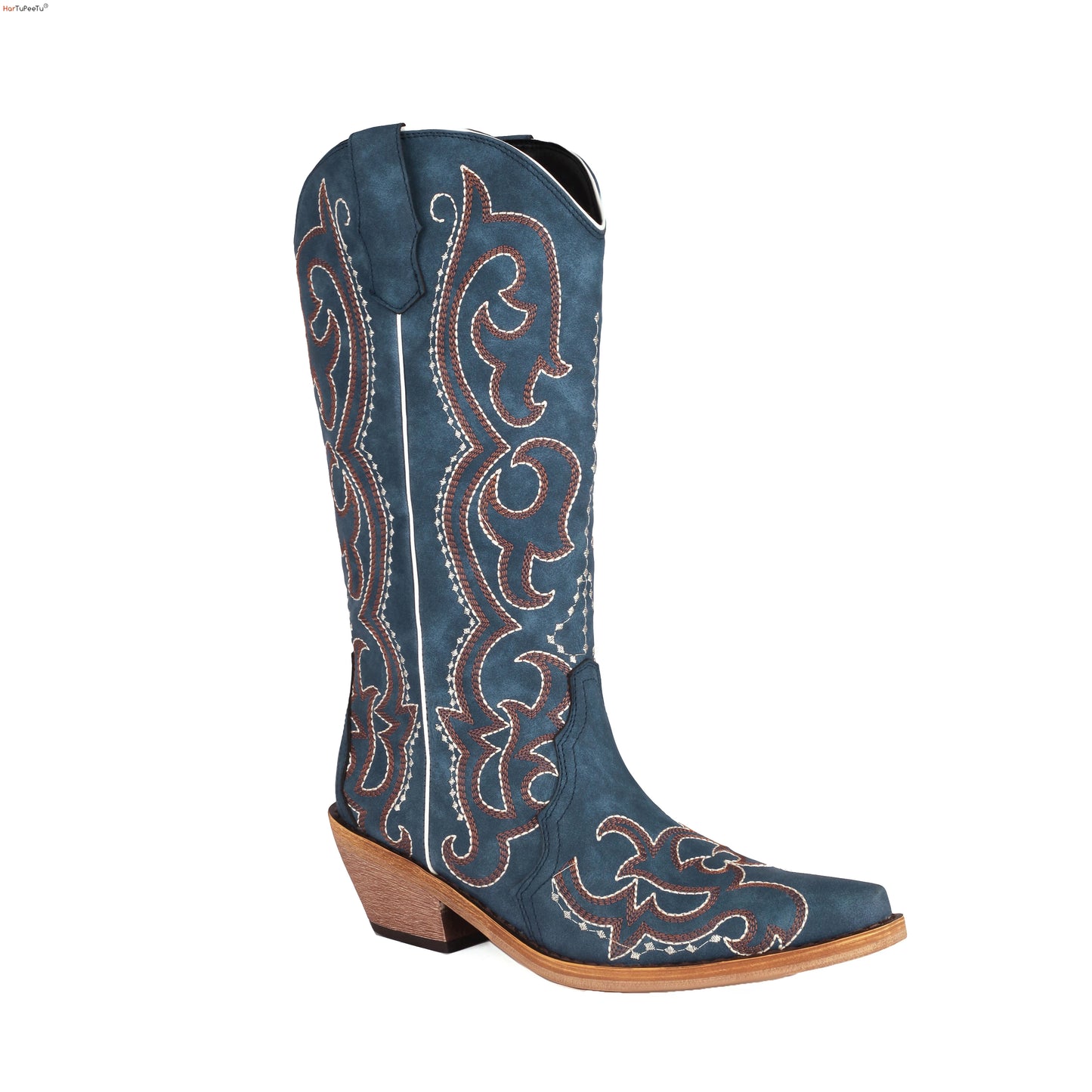 Women'S Cowgirl Boots Blue Comfortable Cowboy Western Boots Wide Calf Leather Embroidery Dapper Shoes