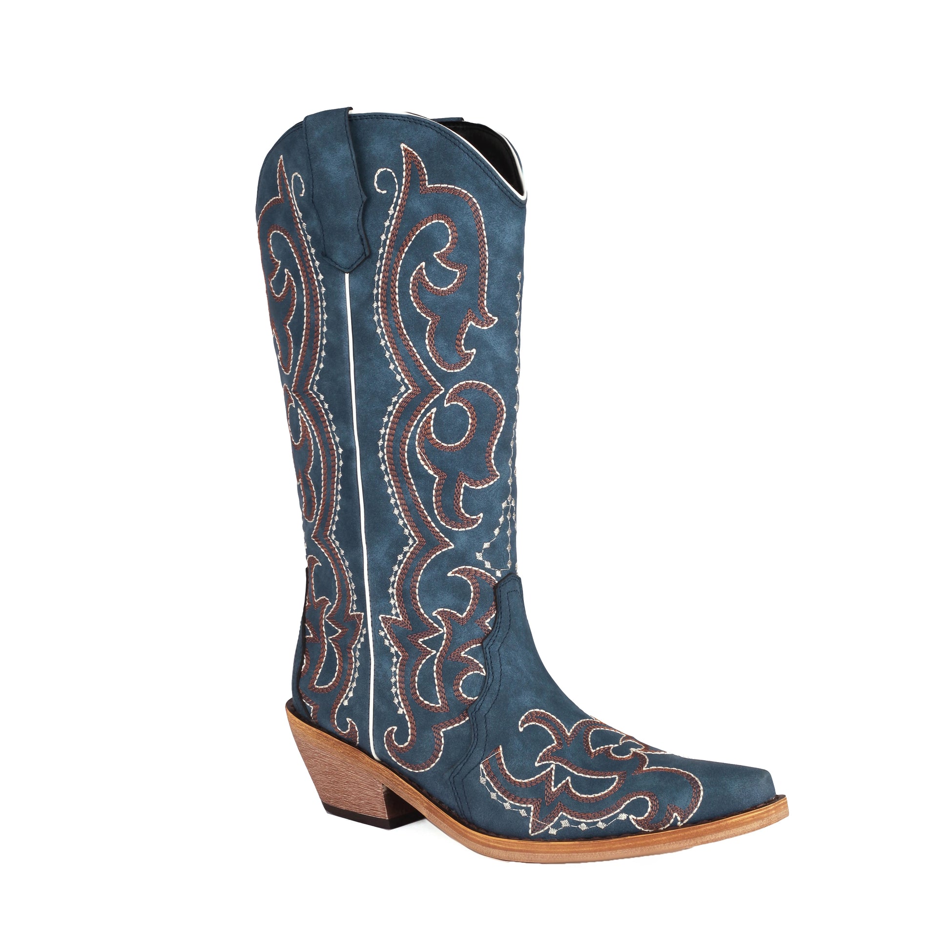 Women'S Cowgirl Boots Blue Comfortable Cowboy Western Boots Wide Calf Leather Embroidery Dapper Shoes