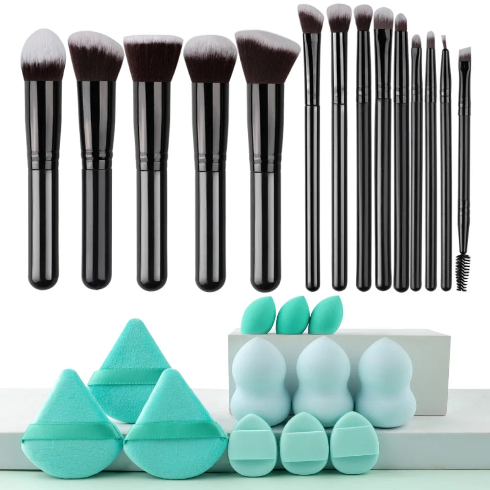New 14PCS Makeup Brushes Set Foundation Eyeshadow Highlighter Blush Concealer Female Beauty Tool Puff Beauty Sponges Thumb Puffs