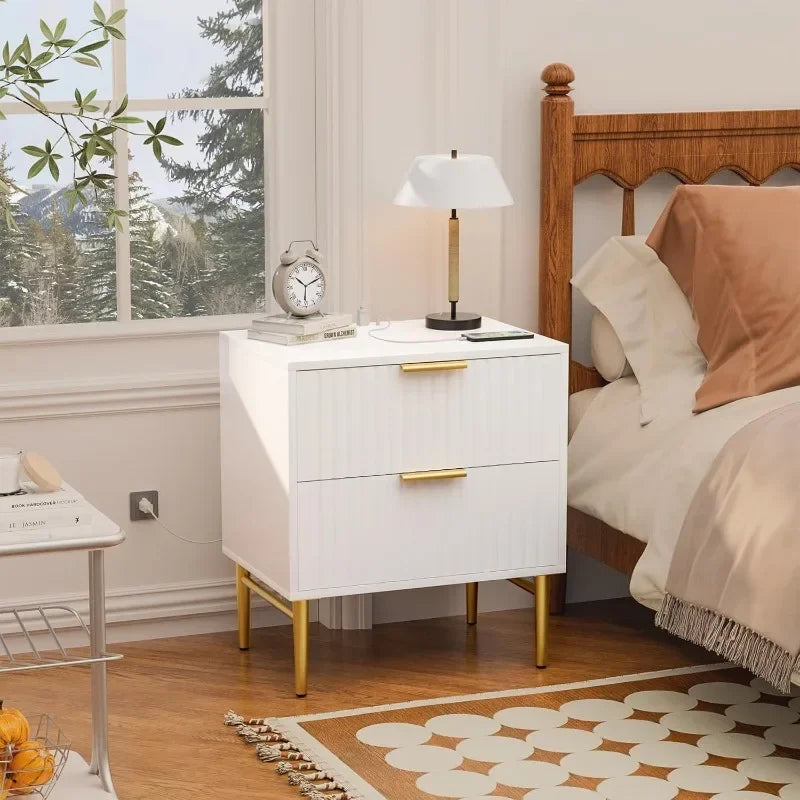 Tool White Nightstand Set of 2 with Charging Station, Fluted Nightstand,Modern Bedside Table with Gold Legs Hot-Sell