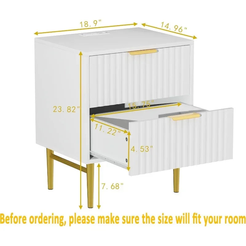 Tool White Nightstand Set of 2 with Charging Station, Fluted Nightstand,Modern Bedside Table with Gold Legs Hot-Sell