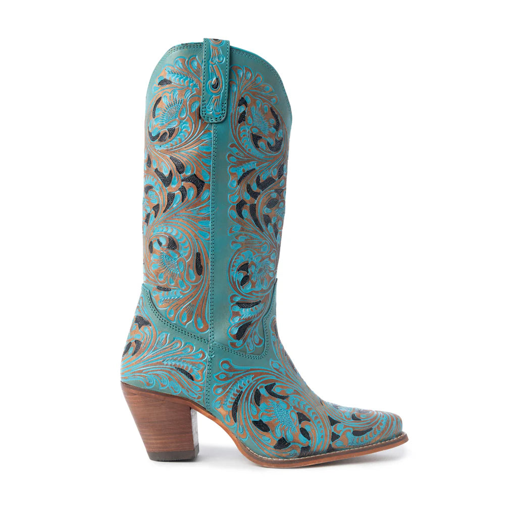 Kasiopeah Cowgirl Leather Boots - Turquoise Western Boots for Women with Pointed Toe Heel