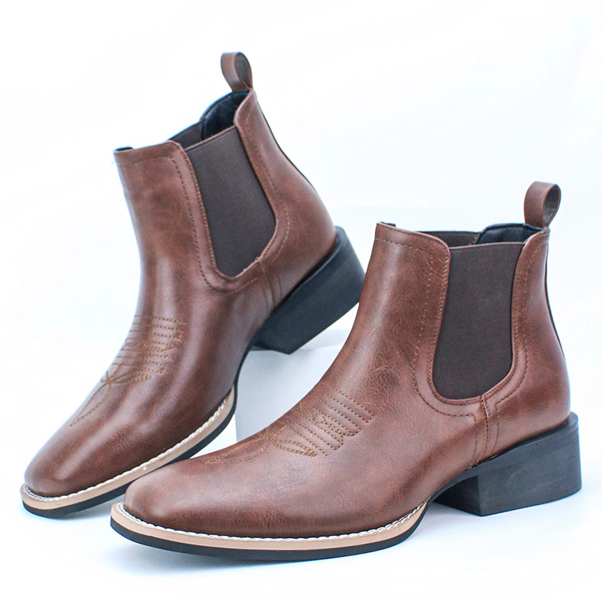 Men'S Western Cowboy Boots Square Toe Chelsea Boots and Bareback Cowboy Boots Men'S Casual Retro Fashion Boots Brown