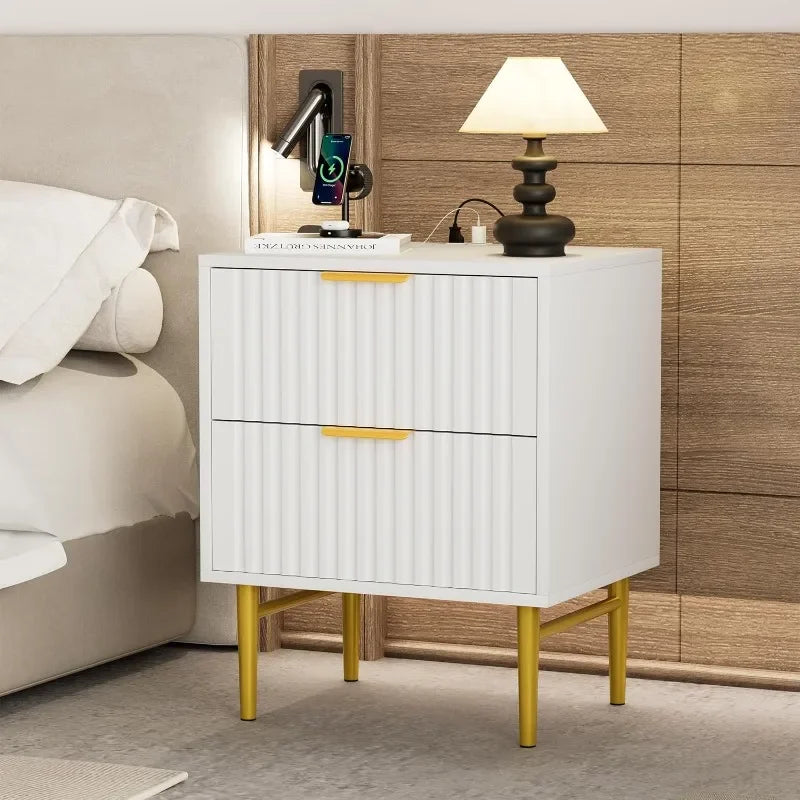 Tool White Nightstand Set of 2 with Charging Station, Fluted Nightstand,Modern Bedside Table with Gold Legs Hot-Sell